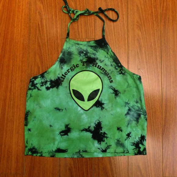 Hot Topic Alien Tie-Dye Halter Top Womens M Green Allergic To Humans Rave Kawaii - Picture 3 of 12